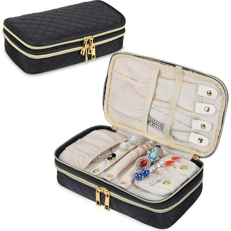 Organisateur de bijoux double couche, étui de voyage matelassé pour bagues, colliers, boucles d'oreilles, bracelets et plus encore, noir (sac uniqueme (1/5)