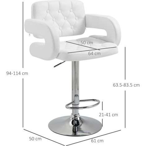 Tabouret de bar réglable en hauteur, tabouret de cuisine haut en PU avec dossier, repose-pieds, accoudoirs et assise moelleuse, structure en acier, pivotant à 360°, convient pour un îlot central, blan (1/5)