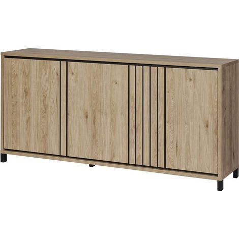 ANTHONY - Buffet 4 Portes 188cm Aspect bois Détail Déco Lignes Verticales Noires