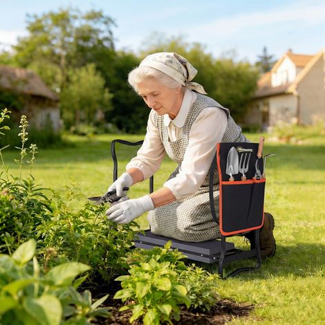 Tabouret de jardin pliant avec coussin en EVA, siège de jardin avec sac à outils intégré, capacité de charge de 150 kg (1/5)