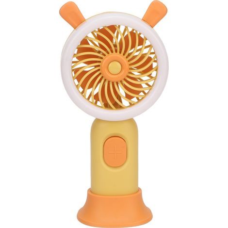 Ventilateur portatif jaune, rechargeable par USB, à trois vitesses réglables, ergonomique et doté de lumières colorées, idéal pour une utilisation en extérieur. (1/5)