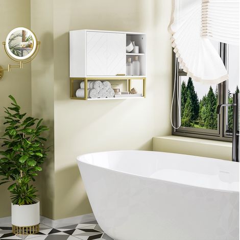 Mobiletto da bagno a parete con anta, ripiano regolabile e vano portaoggetti inferiore, 60x20x51 cm, bianco (1/5)