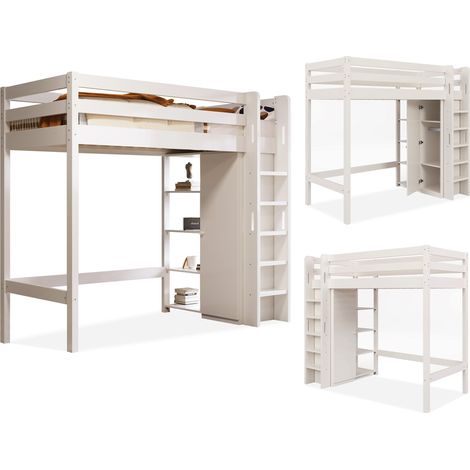 (=3320123AAW) Lit mezzanine enfant 90x200 cm, structure de lit simple avec armoire et 6 étagères, blanc, matériau de haute qualité, facile à monter, stable et durable (sans matelas)