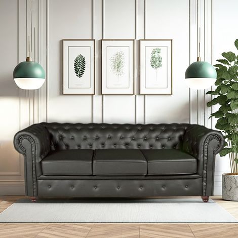 Le Quai Des Affaires – Canapé Chesterfield 3 places noir – Revêtement tissu effet cuir – Densité mousse assise 30kg/m3 – Dimensions 213x85x72 cm