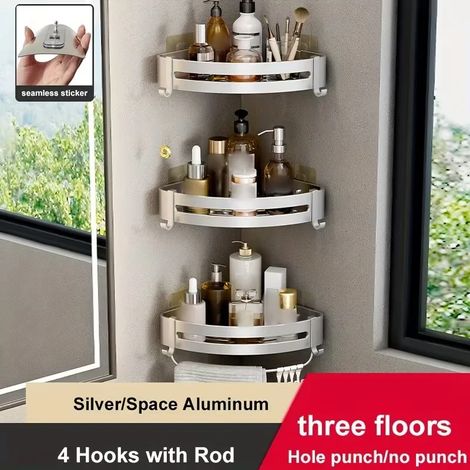 (3 Silver Triangle HR) 1 étagère de rangement murale d'angle en aluminium sans perçage pour salle de bain - Idéale pour ranger shampoing, gel douche et cosmétiques. (1/5)