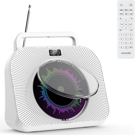 Lecteur de CD Bluetooth Lecteur CD de Bureau avec Haut-parleurs Lecteur CD Enfant supporte Les USB/TF/AUX Lecture Réveil Minuteur avec télécommande Housse de Protection Ecran Prise Casque (1/5)