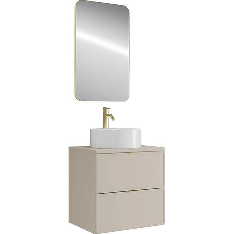 Meuble de salle de bain suspendu avec vasque à poser ronde, robinet et miroir - Beige - 60 cm - ONDIL (1/5)