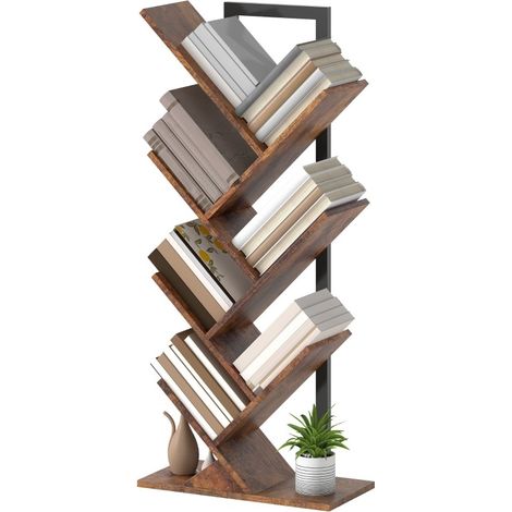 Bibliothèque sur pied 7 niveaux en forme d’arbre, étagère étroite pour bureau et salon, rangement compact 50 x 24 x 109 cm, marron rustique CHICFURN (1/5)