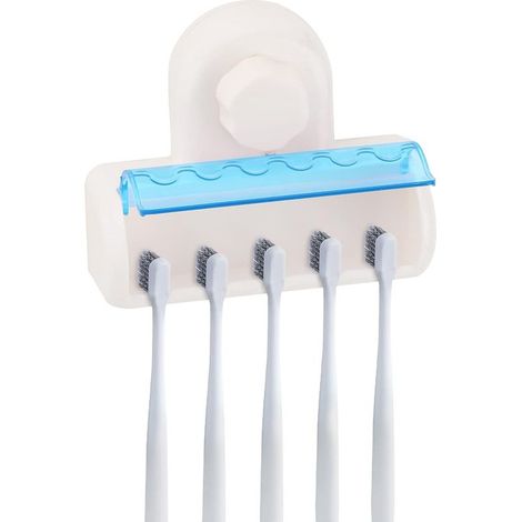 Porte-brosse à dents mural avec ventouse, boîte de rangement pour brosse à dents, couvercle anti-poussière, kit d'accessoires de salle de bain pour toute la famille, bleu (1/5)