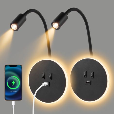 Applique murale LED Lampe Col de Cygne Flexible, 3W 9W Applique de Lecture avec Port de Charge USB et interrupteur, 2 pièces Liseuse Fixation Murale Spot réglable pour Chambres Salon Hôtel (noir) (1/5)