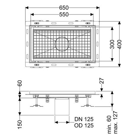Caniveau Ferrofix avec angle de raccordement pour carrelage, 300 x 550 mm