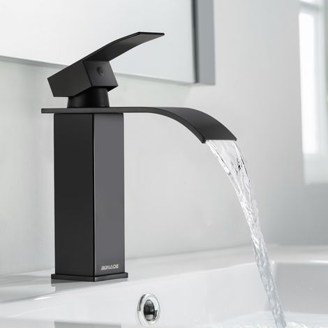 Mitigeur lavabo noir – Robinet cascade en acier inoxydable, eau chaude et froide, bec haut 123 mm, idéal pour salle de bain moderne (1/5)