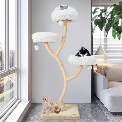 178 cm katzenbaum mit sisal kratzsaulen 3 warmen liegeflachen pluschballe beige