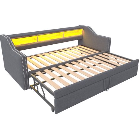 CAIziCanapé-lit capitonné 90/180x190 gris foncé LED USB coffre rangement foncé (1/5)