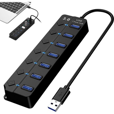 Hub USB 3.0 à 7 ports avec interrupteurs individuels et voyants lumineux, compatible avec les ordinateurs portables, les ordinateurs de bureau, la PS5 et le MacBook. (1/5)