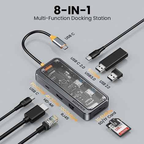 1 x Hub USB-C 8-en-1, 4K HDMI + Ethernet RJ45 + Charge PD 100 W, Adaptateur Multiport pour Ordinateur Portable