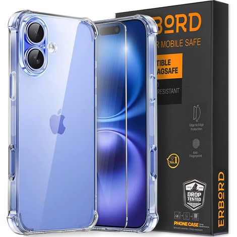 Custodia per iPhone 16, Erbord antiurto, trasparente + vetro (1/5)