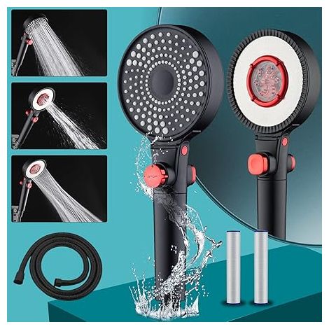 Soffione doccia con tubo flessibile da 1,5 m, soffione doccia a doppio getto, soffione doccia a risparmio idrico con 3 ugelli, soffione doccia ad alta pressione con 2 filtri. (1/5)