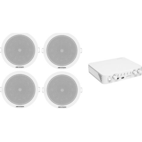 Kit Audio Filodiffusione Hikvision con Amplificatore 60W 100V BT USB MIC e 4 Altoparlanti da Incasso 6W 93dB