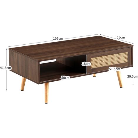 Table basse en rotin, table à café avec vantaux coulissants, piètement en bois robuste, meuble de séjour design, teinte noyer brun - H40 x L1050 x P55 cm (1/5)