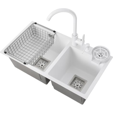 Weiße Küchenspüle mit zwei Becken, 71 × 38 cm, zum Einbau in die Arbeitsplatte, aus Edelstahl, mit Warm- und Kaltwasserhähnen, Siebkorb und Seifenspender (1/5)