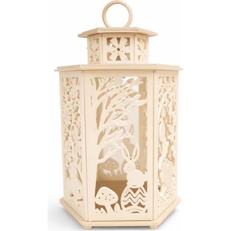 Farol de Pascua beige con conejito calado para decoración con velas LED.