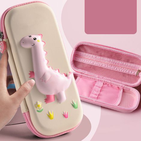 Trousse de crayons EVA 2 couches, boîte de rangement scolaire 3D pour garçons et filles, en similicuir PU, grande capacité, motif petit dinosaure abricot (1/5)