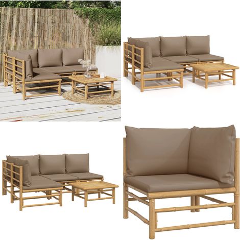Set de muebles de jardín 5 piezas bambú y cojines gris taupé - Muebles de exterior - Sofás de jardín