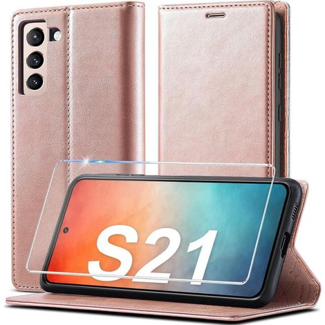 Coque portefeuille en cuir pour Samsung Galaxy S21 5G avec béquille et protection 360° Rose (1/5)