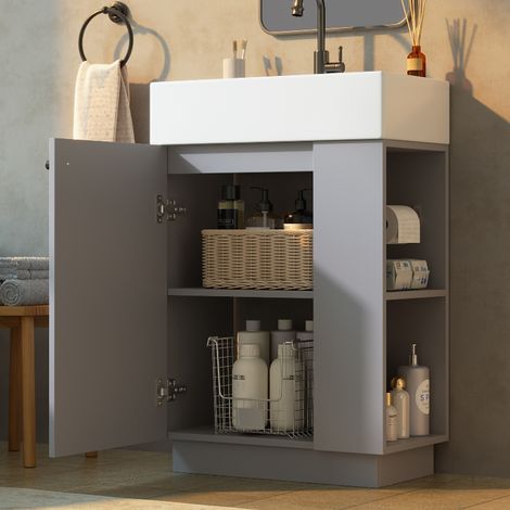 Waschbeckenunterschrank 55 cm mit Keramikwaschbecken und Stauraum, freistehender Waschtisch mit Toilettenpapierhalter, MDF Grau geriffelt (1/5)