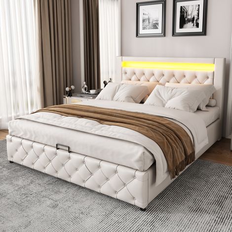 lit adulte chambre coffre rangement LED 160x200 blanc OKMYHOME (1/5)