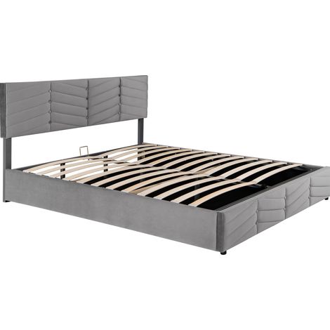 Cama doble con canapé hidráulico de terciopelo gris 160 x 200 cm, cabecero ajustable (1/5)