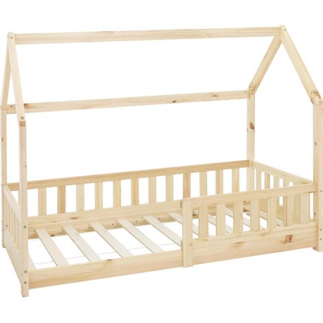 ML-Design Letto a Casetta per Bambini 80 x 160 cm Naturale, in Legno Massello, Struttura con Protezione Anticaduta, Tetto e Rete a Doghe, Lettino a Terra Montessori a Forma di Casa per Cameretta (1/5)