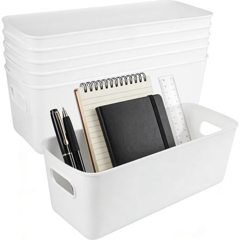 6 Pièces Boîtes de Rangement en Plastique, 26.5 x 10 x 10 cm Petit Panier de Rangement, Bac de Rangement avec Poignées, Rectangulaire, Empilable, pour Cuisine, Placard, Bureau, Salle de Bain (Blanche) (1/4)