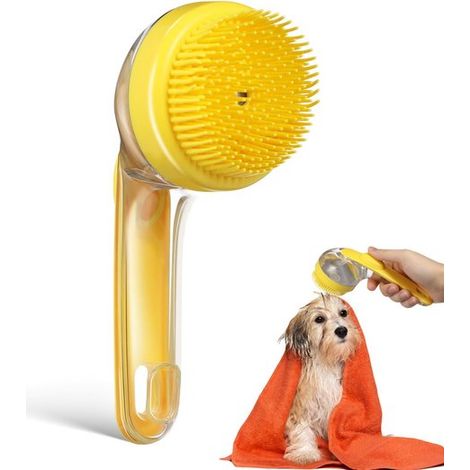 Spazzola per shampoo per animali domestici con dispenser di sapone, sistema push-pull, erogazione del liquido con un solo pulsante, impugnatura antiscivolo, funzione massaggio per pelo lungo e corto. (1/5)