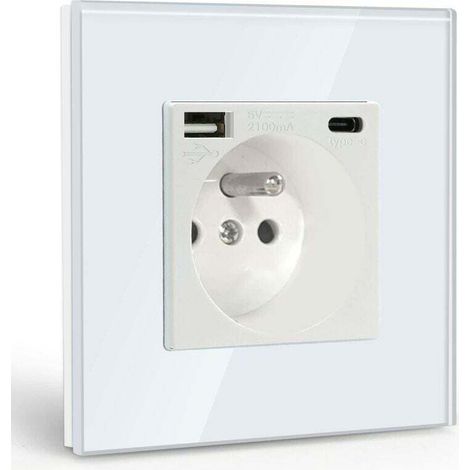 Prise Murale avec USB et 1 Type C,Blanc courant alternatif avec Panneau en verre cristal,Multiprise Murale avec USB(max2.1A),convient à la smartphone,à la tablette-DOU