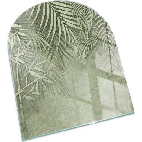 Bodenplatte Glas Glasplatte Kaminplatte Funkenschutz Sicherheitsglas Funkenschutzplatte für Kamin Tropische Blätter im Hintergrund 80x70 cm