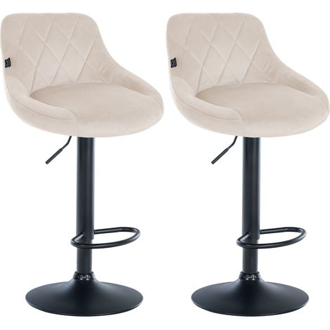 Juego de 2 taburetes de bar con costuras decorativas de rombos, asiento de terciopelo color crema y estructura de metal negro TDB10776