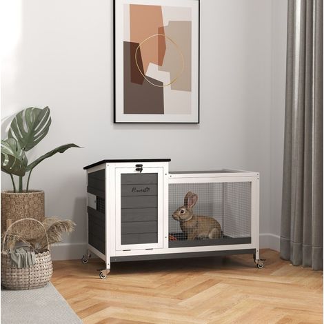 Conejera de madera con parque de juego, ruedas y techo abatible 92 x 52 x 67 cm gris oscuro (1/5)