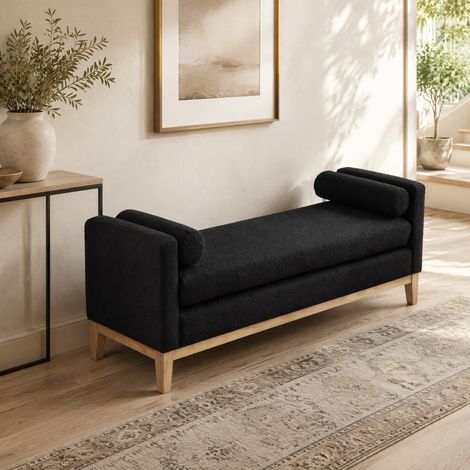 Banco capitoné negro con patas de madera y 2 cojines, 149 x 50 x 63,5 cm (1/5)