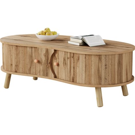 Table basse en forme de pois avec relief rainuré, 2 portes coulissantes, table de salon, aspect bois, pieds en bois massif, matériau MDF