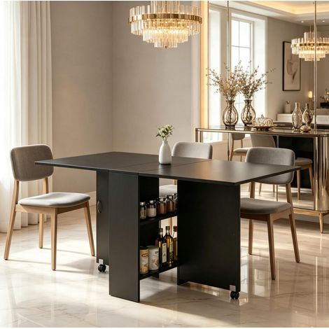 Schwarzer klappbarer Esstisch mit Rollen, ausziehbar, 140 x 75 x 74 cm (1/5)