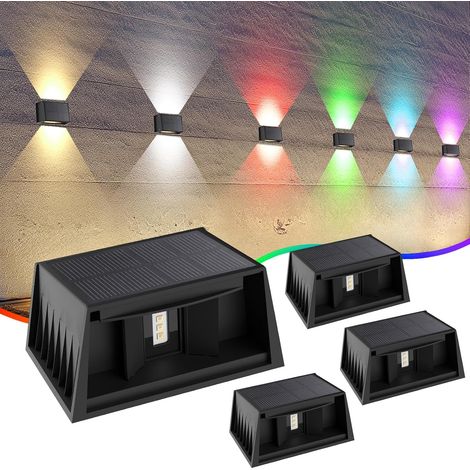 Lampe Solaire Murale Exterieur RVB, Applique Solaire Extérieur IP65 Étanche, RGB Applique Murale Exterieur Sans Fil/Haut & Bas Réglable/8 couleurs pour Jardin Piscines Maison Clôture(4 Pièces) (1/5)