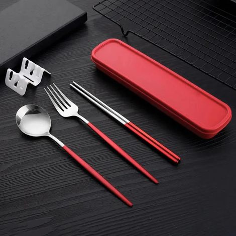 (Argent-rouge) Couverts fins en acier inoxydable, comprenant des baguettes, des fourchettes et des cuillères. (1/5)