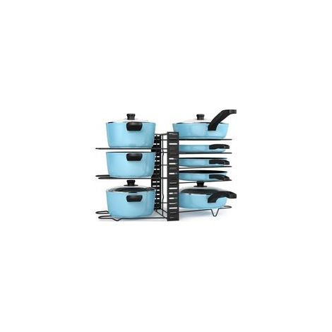 Boîte de rangement noire pour casseroles avec 8 compartiments réglables et couvercle, s'intègre dans une armoire, une boîte de rangement pour vaisselle de cuisine et un support pour casseroles