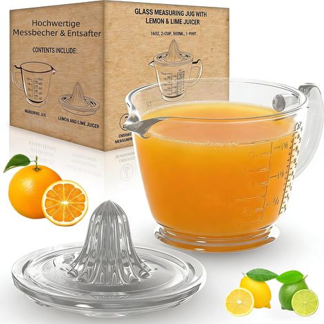 Presse à citrons et limettes manuelle en verre, gobelet doseur 500 ml, 2 gobelets, sans BPA, compatible lave-vaisselle, pour citron, limette, orange et pamplemousse (1/5)