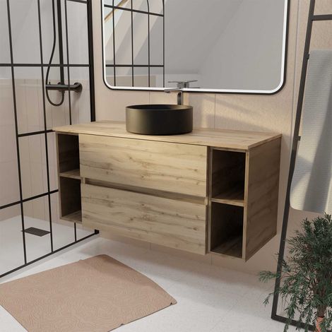 Mueble de Baño 120 cm TIMBER - Decoración Roble - 2 Cajones - Lavabo Negro