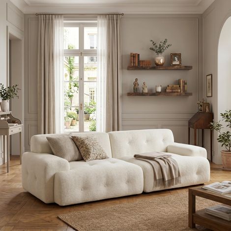 FurnitureR Wohnzimmer Set modulares Sofa 224 cm mit 60 cm Wandregal Set gepolstertes 2 Sitzer Sofa mit Stauraumlösung modernes Möbel Set, beige+braun