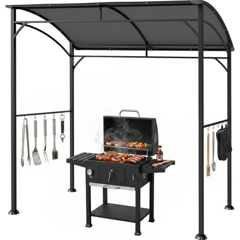 Pavillon de barbecue, abri pour barbecue, housse de pluie, crochets pour ustensiles, structure en acier, gris foncé, 215 x 150 x 182/220 cm (1/5)