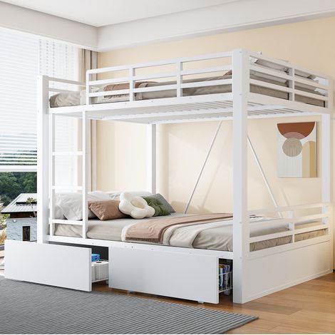 Cama litera metálica 140 x 200 cm con cajones, escalera y barandillas de seguridad blanca OKWISH (1/5)